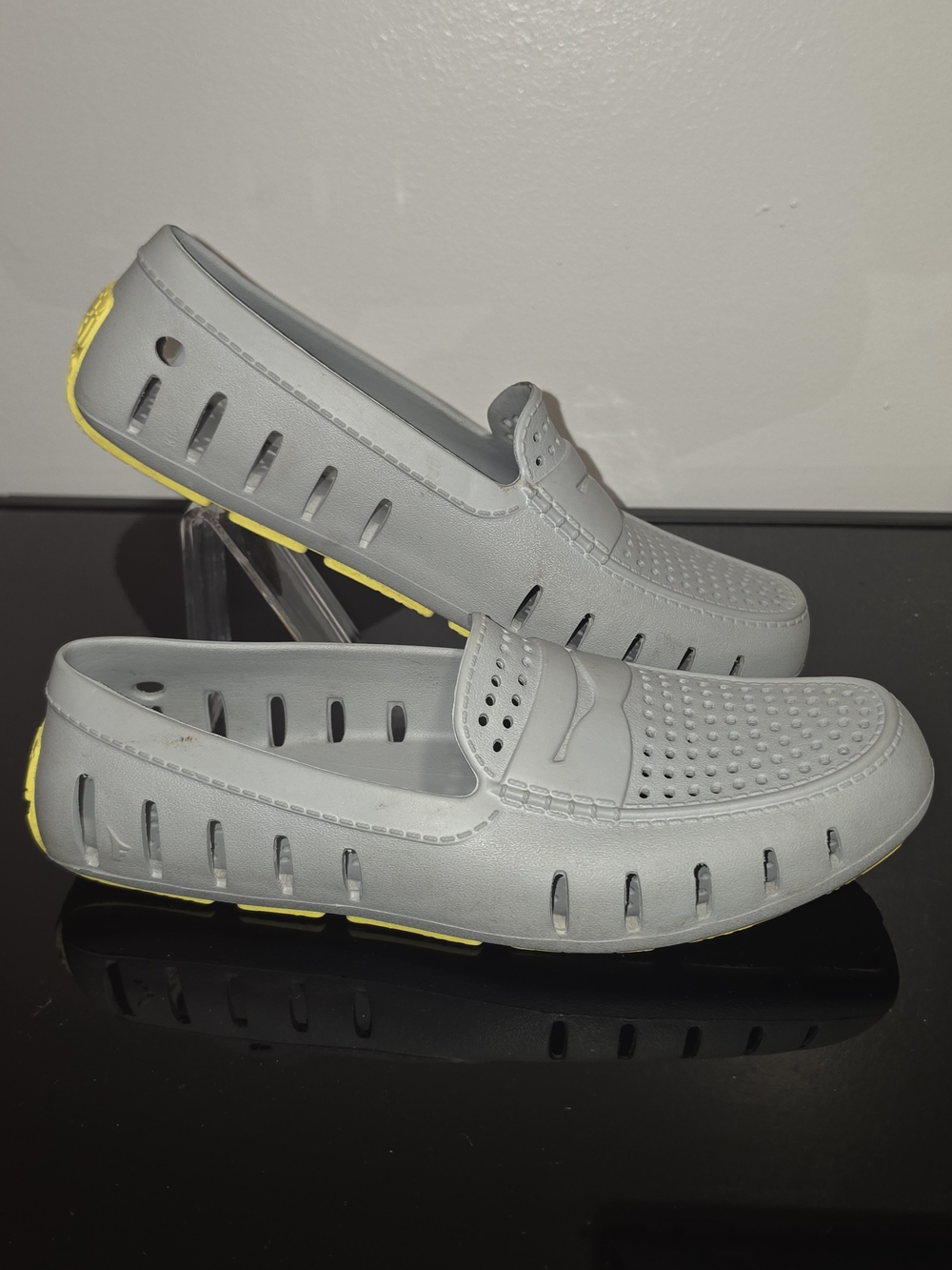 FLOAFERS Men's Grey Slip-On Ventilated Loafers with Yellow Trim SIZE 8